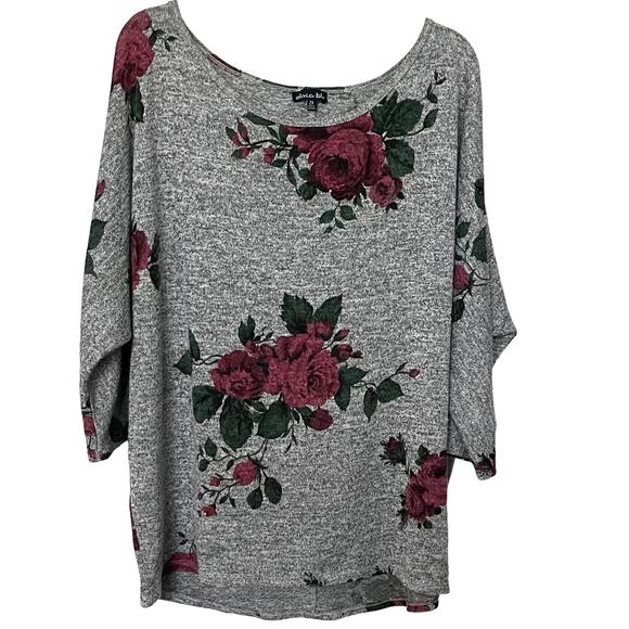 OLIVIA BLU LONG DOLMAN SLEEVES PULL-OVER TOP, WOMENS, 2X, GREY FUCHSIA FLORAL - Picture 1 of 10